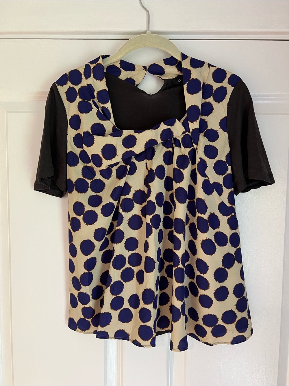 Polka Dot Short Sleeve Layered Blouse - Cream & Navy